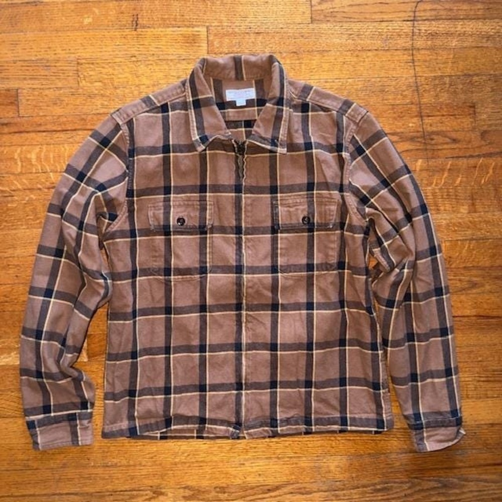 Wallace & Barnes Mens Flannel Shirt Jacket Brown Plaid Full Zip Large‎